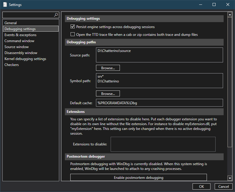 Example screenshot of WinDbg settings