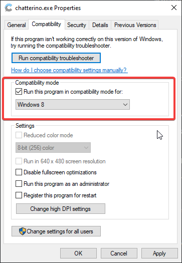 Change to Windows 8 in Properties Tab